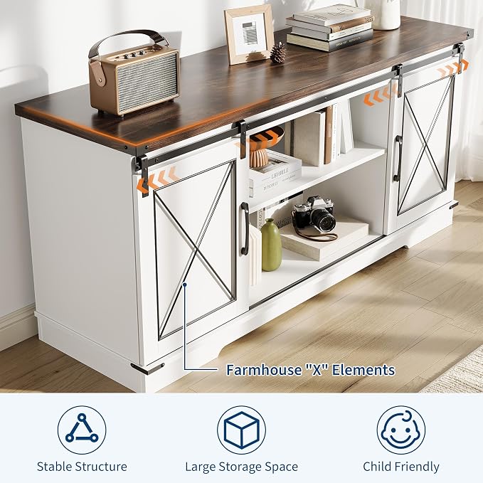 IDEALHOUSE Farmhouse TV Stand and Entertainment Center for Tv up to 65 inches with Sliding Barn Doors, Tv Media Console Table with Storage Cabinet for Living Room, White & Brown - Image 3
