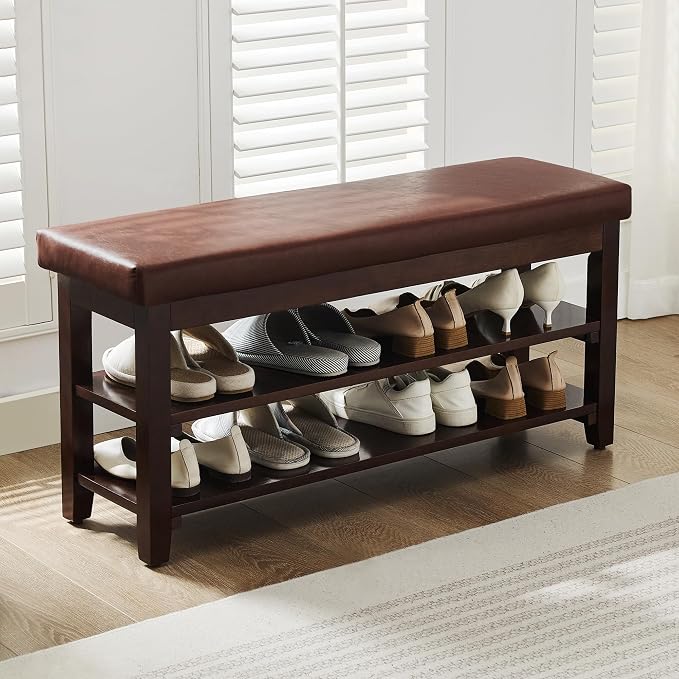 40" Shoe Bench with Leather Cushion, 2-Tier Shoe Rack Entryway Bench, Wood Bench for Front Door Entrance, Mudroom, Hallway, Wooden Shoe Shelves, Shoe Organizer, Shoe Storage, Brown by Abbrevi