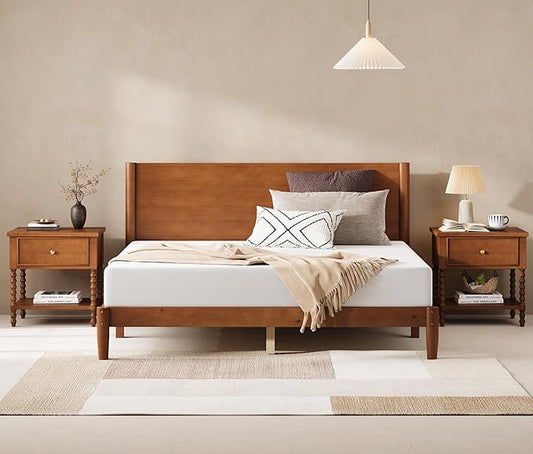AMERLIFE 3 Piece Bedroom Set Includes Solid Wood Queen Platform Bed Frame with Headboard and 2 Nightstands with Spindle-Turned Legs, Mid Century Modern Bedroom Furniture, Brown Walnut