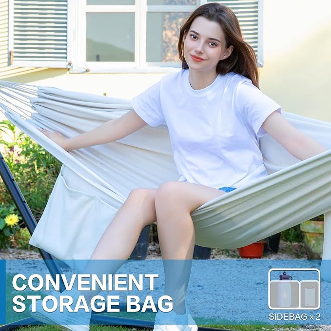 PNAEUT Double Hammocks with Stand for Outside, Portable Space Saving Heavy-Duty Steel Stand for Indoor Outdoor Patio with Carrying Bag, 450 lbs Capacity (Beige) - Image 5