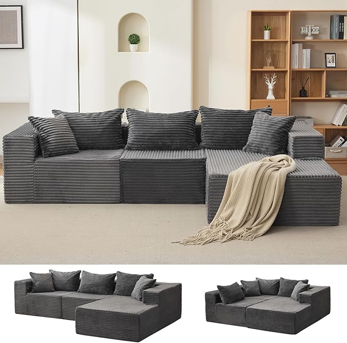 106" Comfy Cloud Sectional Couch with Chaise, Boneless L Shaped Sofa | Fluffy Gray Couches for Living Room, Modular Sofa Couch & Bed, No Assembly Required, (Gray, Right Facing Chaise)