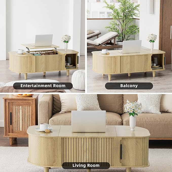 Lift Top Coffee Table, Oval Mid Century Modern Center Table with 3 Hidden Storage, 41" Coffee Tables with Sliding Door and Open Cabinet for Living Room Bedroom Office, Natural Wood