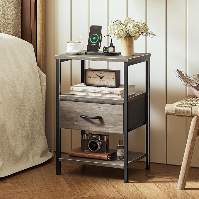 SUPERJARE Nightstand with Charging Station, Bed Side Table with Adjustable Fabric Drawer, Night Stand for Bedroom, 3-Tier Storage End Table, for Living Room, Oak - Image 2