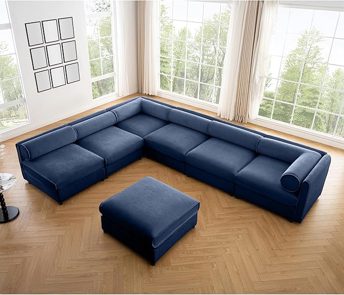 KEIKI 143" Large Modular Chenille Sectional Sofa with Storage Seat, 1 Ottoman, Modern 6-Seater Couch with Cylindrical Backrest and 1 Armrests, Easy Assembly, for Apartment, Living Room, Blue
