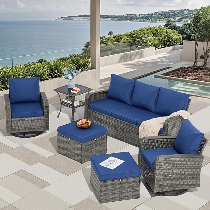 6 Pieces Wicker Patio Furniture Sets, Patio Conversation Set PE Rattan Sectional Sofa with Swivel Chairs Ideal for Indoor Porch Deck Bistro Lawn Garden Backyard Poolside-Blue
