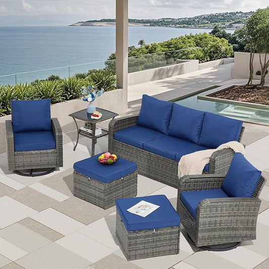 6 Pieces Wicker Patio Furniture Sets, Patio Conversation Set PE Rattan Sectional Sofa with Swivel Chairs Ideal for Indoor Porch Deck Bistro Lawn Garden Backyard Poolside-Blue