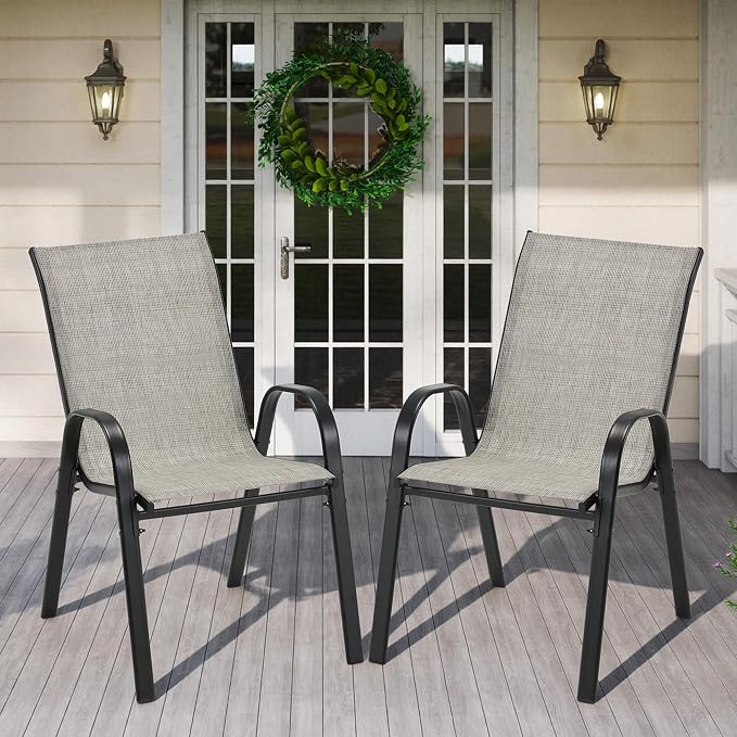 HOMREST Patio Chairs Set of 8,Outdoor Dining Chairs with Armrests,Backyard Stackable Chairs with Breathable Fabric & Metal Frame for All Weather, Grey - Image 2