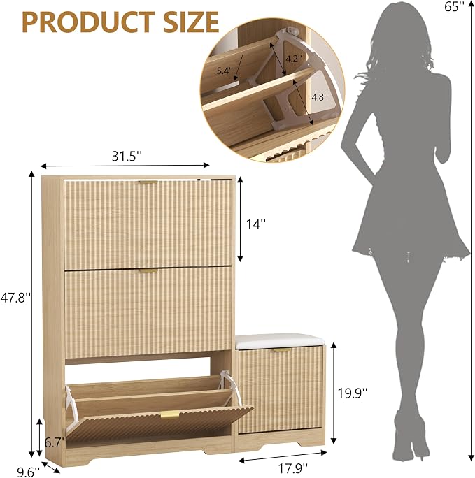HUANLEGO Shoe Cabinet Storage for Entryway with 4 Flip Drawers, Oak Fluted Shoe Cabinet with Bench, Wooden Hidden Shoe Rack Freestanding Narrow Slim Shoes Storage Organizer for Hallway, Entrance - Image 2