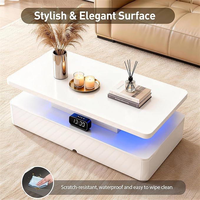 47" Modern Coffee Table with 16 Colors LED Lights, 2 Tier Rectangular Center Table with Large Storage Space, Stylish High Glossy Wooden Tea Tables for Living Room, Bedroom, Home Office, White