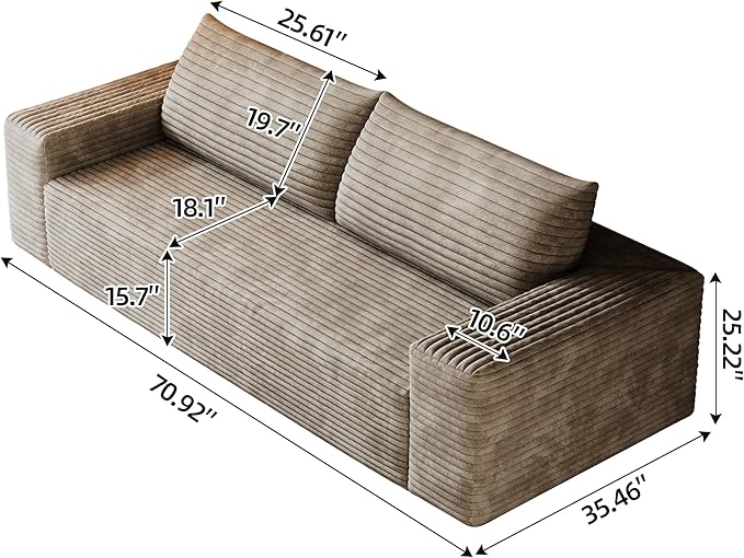 3 Seater Couch for Living Room, 71.3 INCH Fluffy Corduroy Boneless Couch Cloud Loveseat with Wide Armrest, Upholstered Floor Sofa in A Box, No Assembly Required