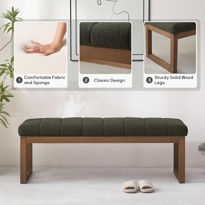 Zihanhome 52.7" Bedroom Bench for End of Bed, Modern Upholstered Teddy Fabric Entryway Bench & Dining Bench, Footrest Stool Bench with Solid Wood Frame for Bedroom, Living Room (Green) - Image 6