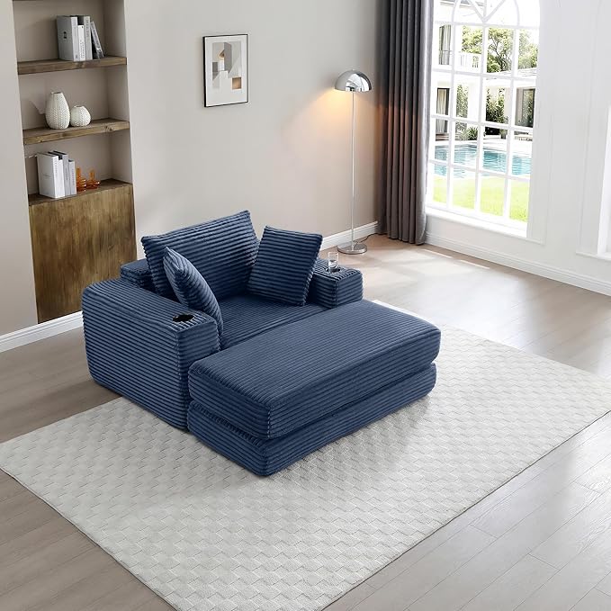 Eafurn 52.4" Oversized Chaise Lounge Indoor with Foldable Ottoman Convertible Boneless Sleeper Sofa Bed, Deep Seat Lounge Chair with Cup Holder & Side Pocket, No Assembly for Living Room | Breathable material, Cupholders