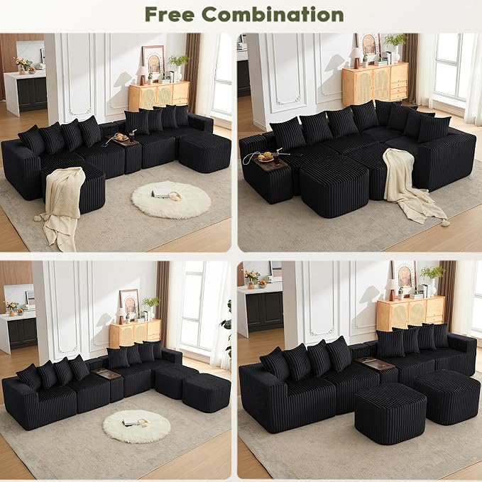 Oversized Cloud Modular Sectional Sofa Boneless Couch with Movable Ottomans,Free Combination Memory Foam Floor Couch with Charging Port & Cup Holders for Living Room | Coffee Table Board, Wireless Charge, No Assembly