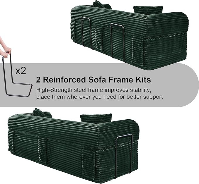 83'' Boneless Couch in A Box, No Assembly Needed Sofa Bed Couch 3 Seater Corduroy Modern Cloud Sofa 29'' Deep Seat with 2 Pillows & Removable Backrest for Living Room, Bedroom, Apartment, Dark Green | No Assembly Needed, High Density Foam, Removable Ba...