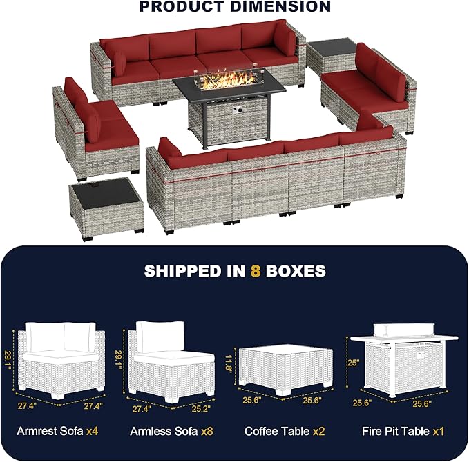 15-Piece Outdoor Patio Furniture Set with 55,000 BTU Fire Pit Table, PE Wicker Rattan Sectional Sofa Conversation Set - All-Weather Garden, Backyard Furniture, Red