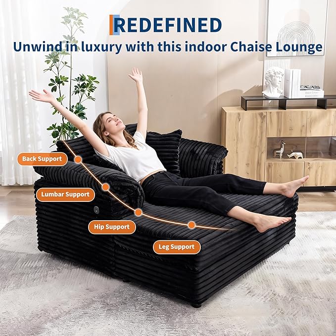 Oversized Chaise Lounge Chair 59 * 54 Inch Indoor Comfy Corduroy Cloud Sleeper Couch Upholstered Sofa Bed with USB Port Throw Pillows Supportive Armrests for Living Room