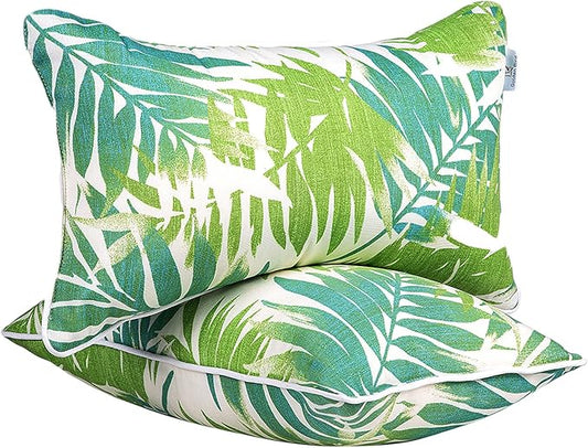 JMGBird Outdoor Pillows Set of 2 with Inserts - 12x20 Waterproof Throw Pillows for Patio Furniture, White Green Palm Leaf Decorative Cushions