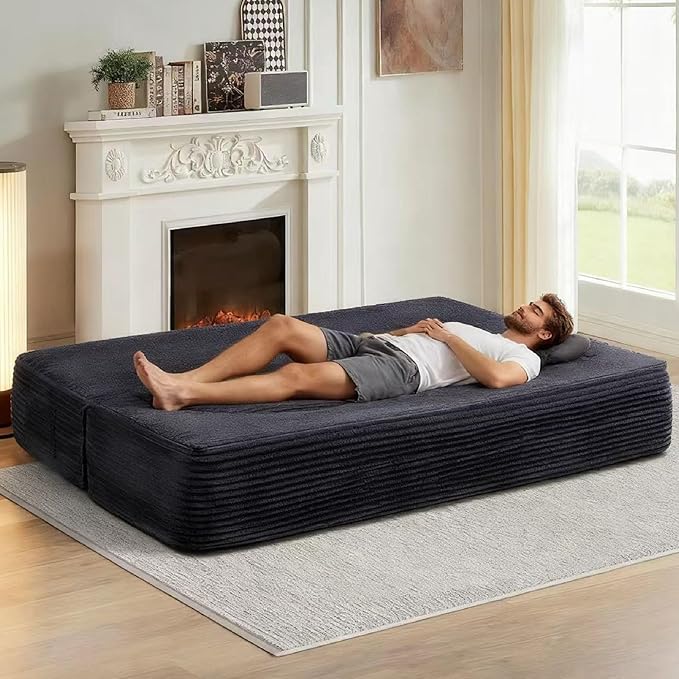 KEIKI 79" Convertible Floor Sofa Bed, Fold ‌Teddy Sleeper Cloud Couch with Storage & Deep Seat, Comfy Upholstery Curved Boneless Futon Couches, 2-in-1 Sofas for Living Room Bedroom, No Assembly, Gray