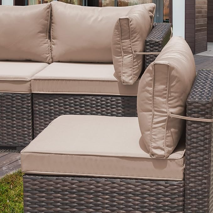 7 Pieces Outdoor Patio Furniture Set,Outdoor Sectional Furniture All Weather PE Rattan Wicker Patio Conversation Set with Coffee Table and 6 Thickened Cushions,Sand