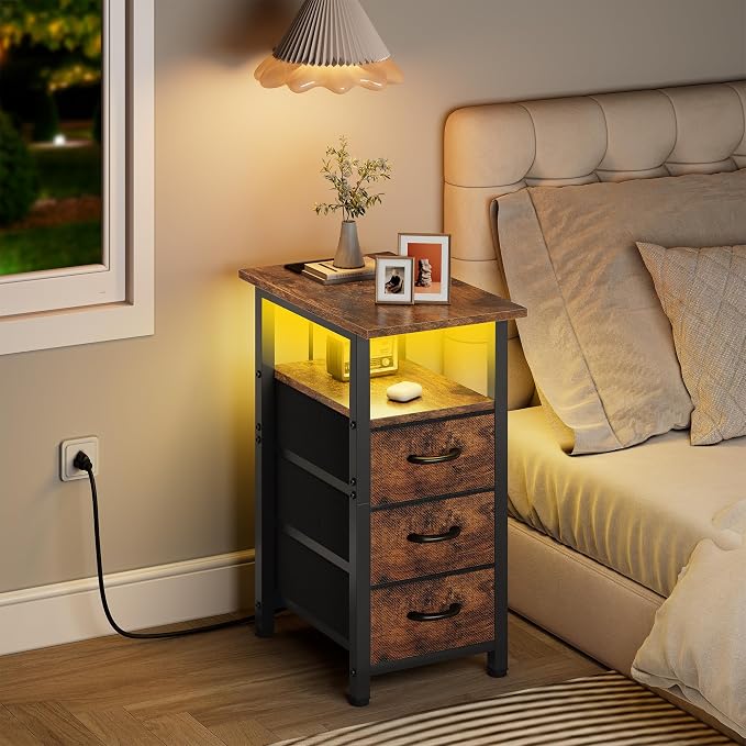 Vagusicc Set of 2 Nightstand with Charging Station and LED Lights, Narrow End Table, LED Nightstand with 3 Fabric Drawers for Bedroom, Narrow Side Table, Slim Sofa Side Table for Small Spaces, Brown - Image 9