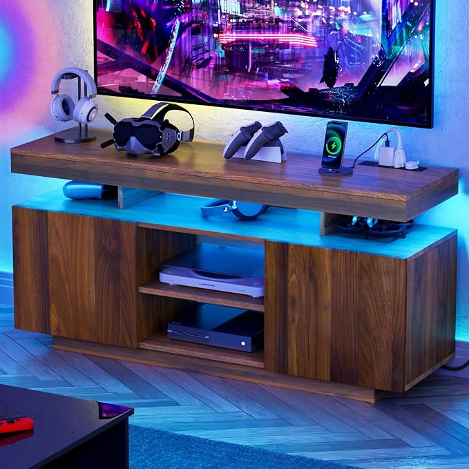 HOMMPA LED TV Stand for 55/50/43/40/32 Inch Modern Entertainment Center with Power Outlets, Gaming Consoles Storage, Media Table with LED Lights, Game Cabinet for Living Room Walnut by Hommpa