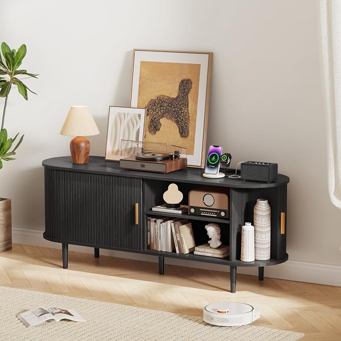 DHH 55 Inch Mid Century Modern TV Stand with Power Outlet for TVs up to 60 Inch, Entertainment Center with Storage and Adjustable Shelves, Media Console with Sliding Doors for Living Room(Black) - Image 6