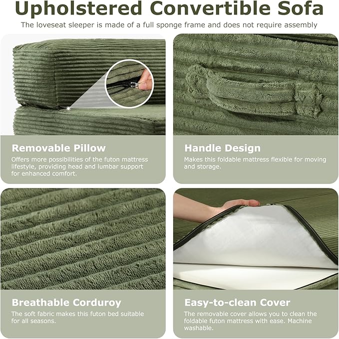 6-inch Folding Mattress Sofa Bed，Convertible Floor Bed & Sleeping Couch with Removable Corduroy Cover & Carry Handles, High-Density Foam (Green, Queen)
