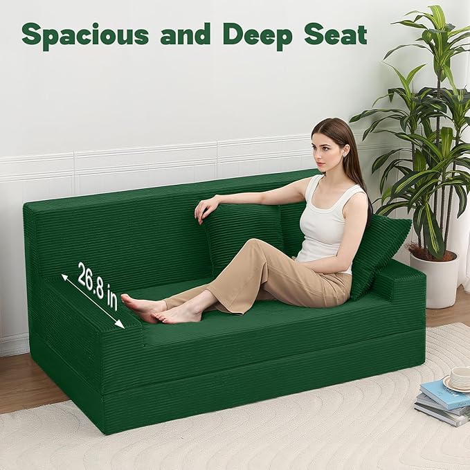MeMoreCool Corduroy Loveseat Sleeper Sofa – Green Boneless Fold-Out Couch Bed with Foam Core, Convertible Floor Futon with Pillow & Washable Cover for Small Spaces, Bedroom, Guest Room