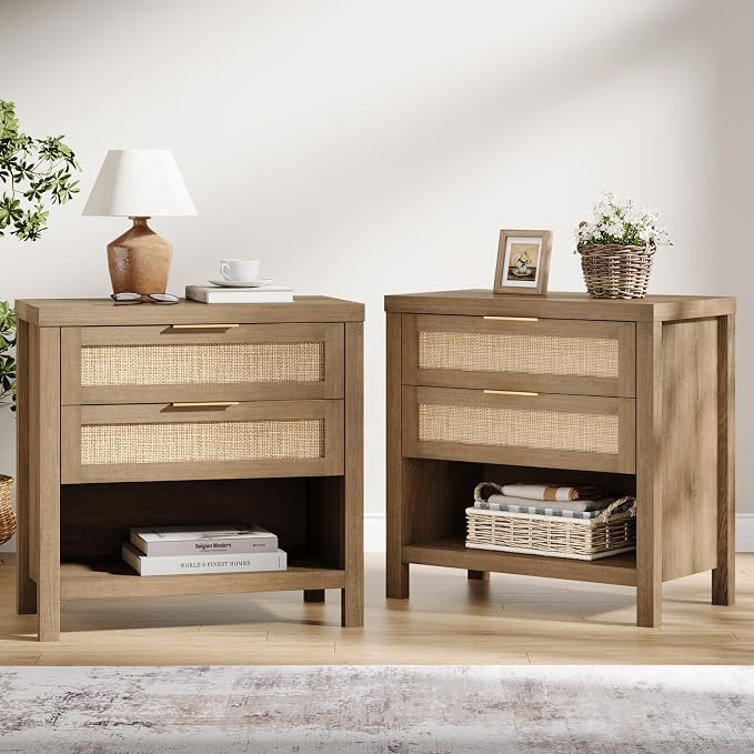 Eclatara Rattan Nightstands Set of 2, Farmhouse Bedside Table with 2 Drawers and Storage Shelf, Rattan Boho Accent Night Stands for Bedroom Large Space Sofa (2, Reclaimed Caramel Oak) by Eclatara