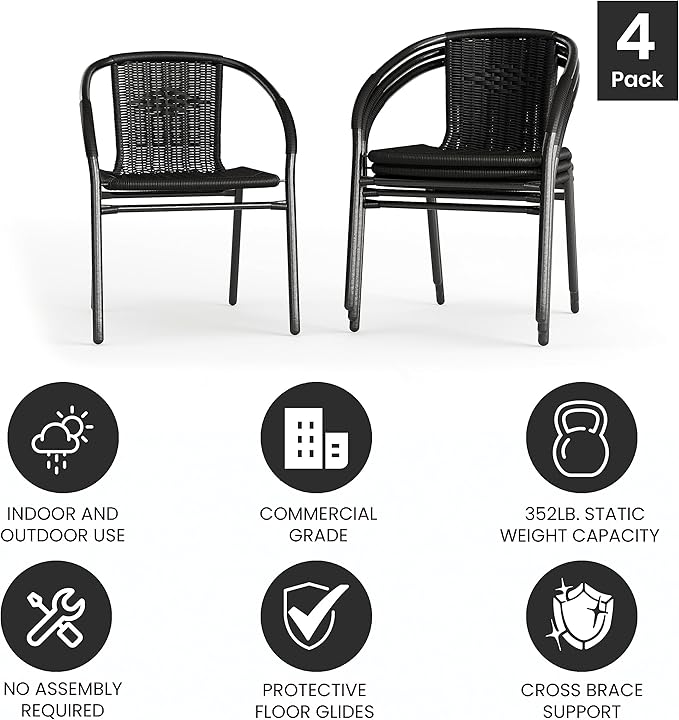 EMMA + OLIVER Set of 4 Modern Rattan Indoor/Outdoor Stack Chairs, Stacking Rattan Patio Chairs with Curved Back and Cross Bracing, Black - Image 6