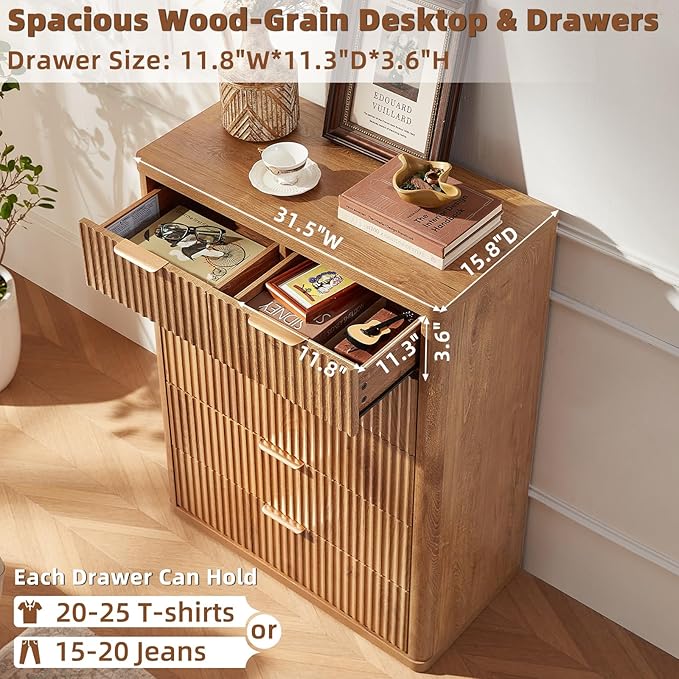 LEYAOYAO Fluted Dressers & Nightstand Set of 4, Wood 48" Wide Dresser & 42" Tall Chest of Drawers,Modern Bedroom Furniture Sets, Brown Wooden Nightstand Set of 2 with 2 Drawers & Charging Station
