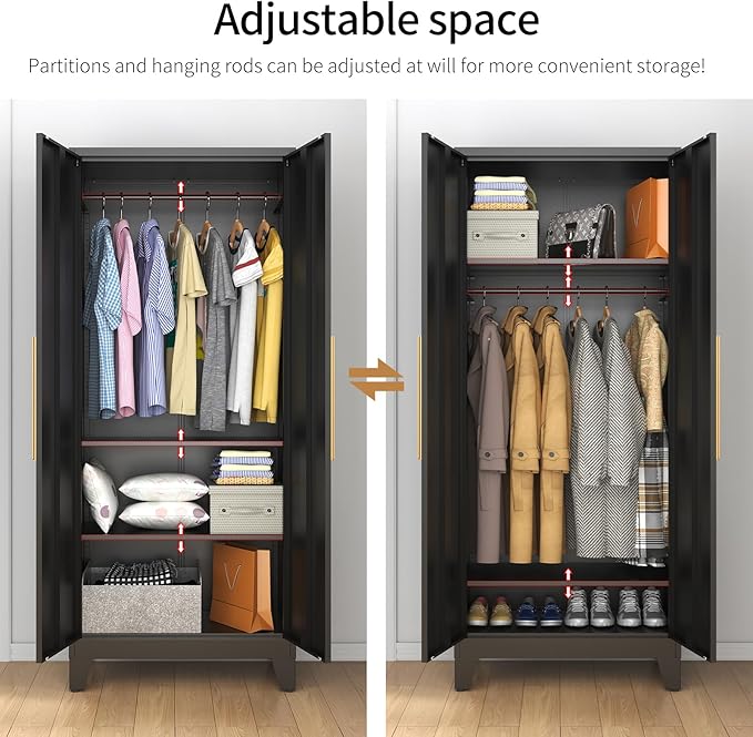 75.3" Tall Metal Armoire Wardrobe Closet with 2 Doors, Adjustable Hanging Rod & 2 Adjustable Shelves, Freestanding Storage Cabinet Organizer for Bedroom, Office, Laundry Room, Black