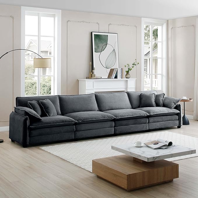 KEIKI 150" Oversized Corduroy Modular Sectional Cloud Sofa with High-Density Foam Cushions, Removable Armrests, Upholstered Modern 4-Seater Fluffy Corner Couch with 6 Pillow, for Living Room, Grey