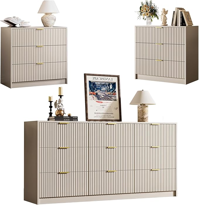 MAISONARIA 3-Piece Dresser Bedroom Set, 9 Drawer Dresser & 3 Drawer Nightstands with Gold Handles, Fluted Wood Chest of Drawers for Bedroom, Living Room, Entryway, Beige
