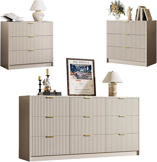MAISONARIA 3-Piece Dresser Bedroom Set, 9 Drawer Dresser & 3 Drawer Nightstands with Gold Handles, Fluted Wood Chest of Drawers for Bedroom, Living Room, Entryway, Beige