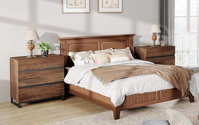 WAMPAT Nightstand with 3 Drawers for Bedroom, Modern Bedside Table with Black Square Metal Leg, Wood Rustic Side End Table, Brown, 2 Pcs - Image 4