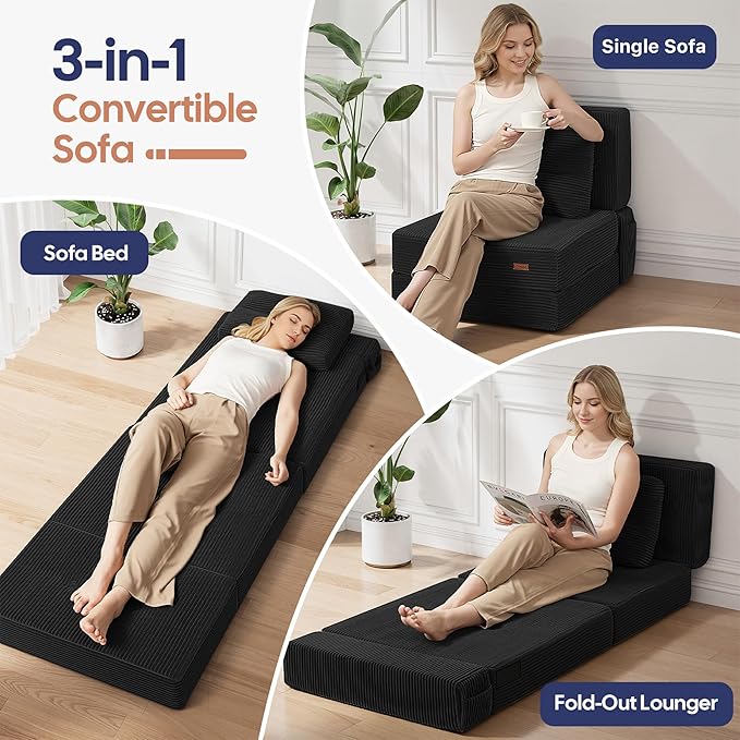 COMAX Folding Sofa Bed, Foldable Couch for Bedroom, Convertible Floor Sleeper Futon Chair Foam, Corduroy 3 in 1 Fold Out Chair Portable Comfy Lounge Couch Sofa Bed for Small Space, Single, Black