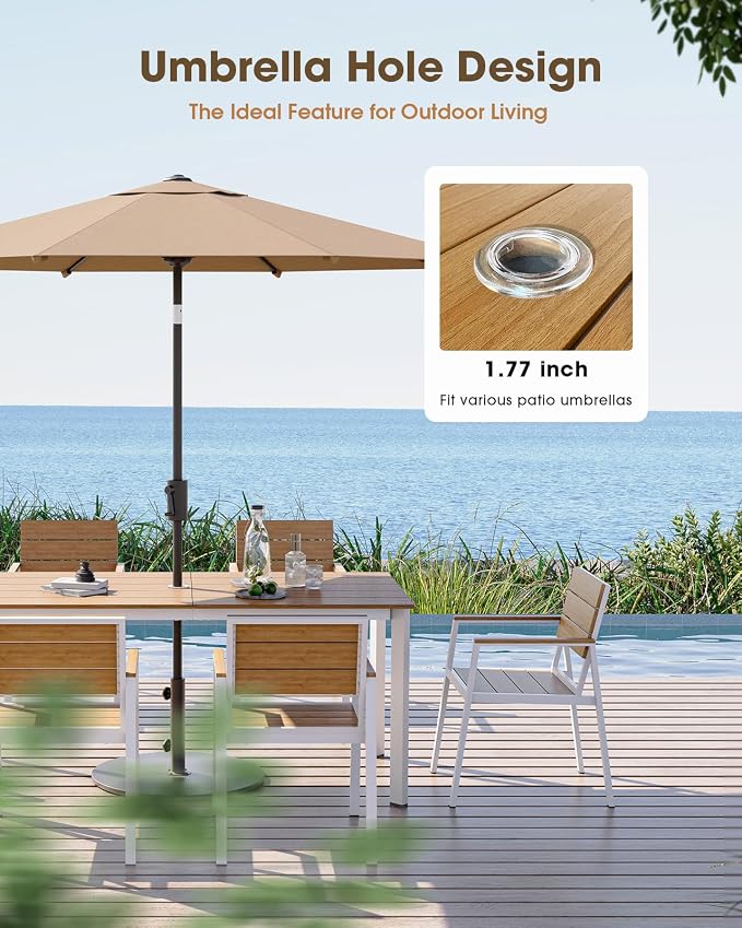 Outdoor Dining Table, Aluminum Patio HDPS Outdooor Table with Umbrella Hole, All Weather Patio Furniture Set, Patio Dining Table (White & Teak) - Image 3