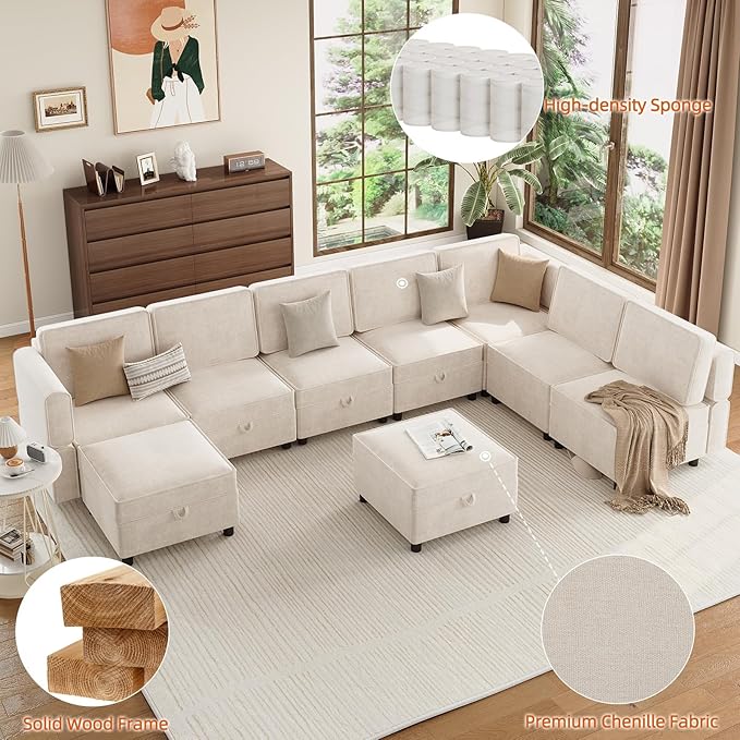 GAOMON Modular Sectional 9-Seat Sofa, L Shaped Sectional Couch with Removable Storage Ottoman, Convertible Sleeper Sofa Suitable for Living Room, Bedroom, and Apartments, Beige
