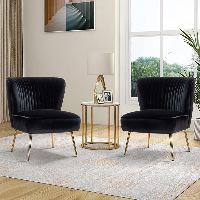 HULALA Home Velvet Accent Chair Set of 2, Modern Armless Upholstered Side Chair with Glam Gold Metal Legs for Vanity Living Room Bedroom - Black