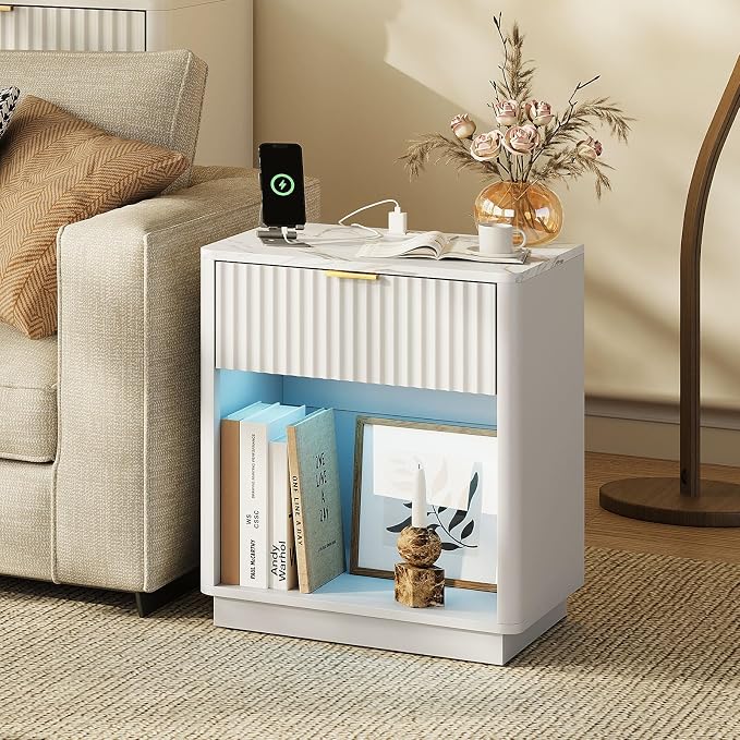 24” Tall Nightstand - Fluted Night Stand with Charging Station & LED Light Faux Marble Top Bedside Table with Curved Profile Design for Bedroom/ 1 Drawer, White - Image 4