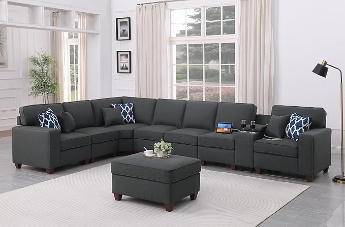 ERYE 151-Inch U-Shaped Sectional Sofa Linen Upholstered Corner Convertible Sectional,9 PCS Modular Couch with Ottoman,Storage Console, Cupholders and Charging Station