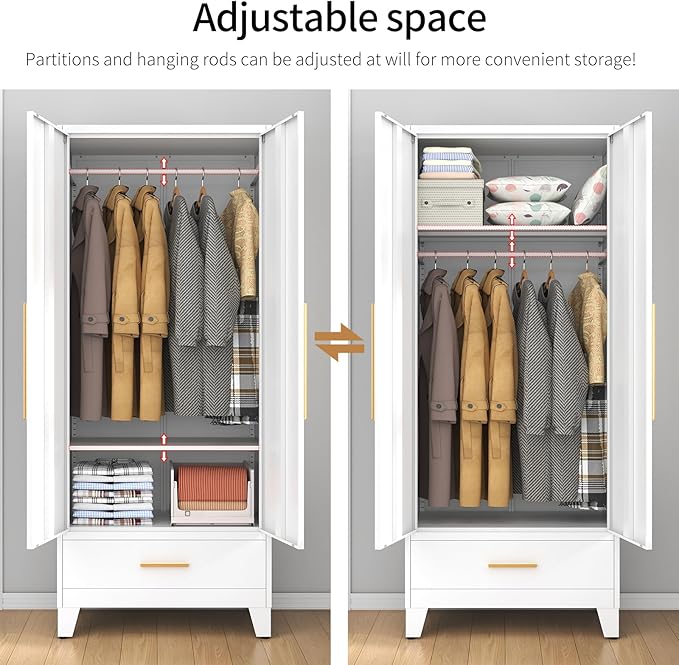 75.3" Tall Metal Armoire Wardrobe Closet with Mirror Doors and Drawer, Adjustable Hanging Rod and Adjustable Shelf, Freestanding Storage Cabinet Organizer for Bedroom, Office, Laundry Room, White