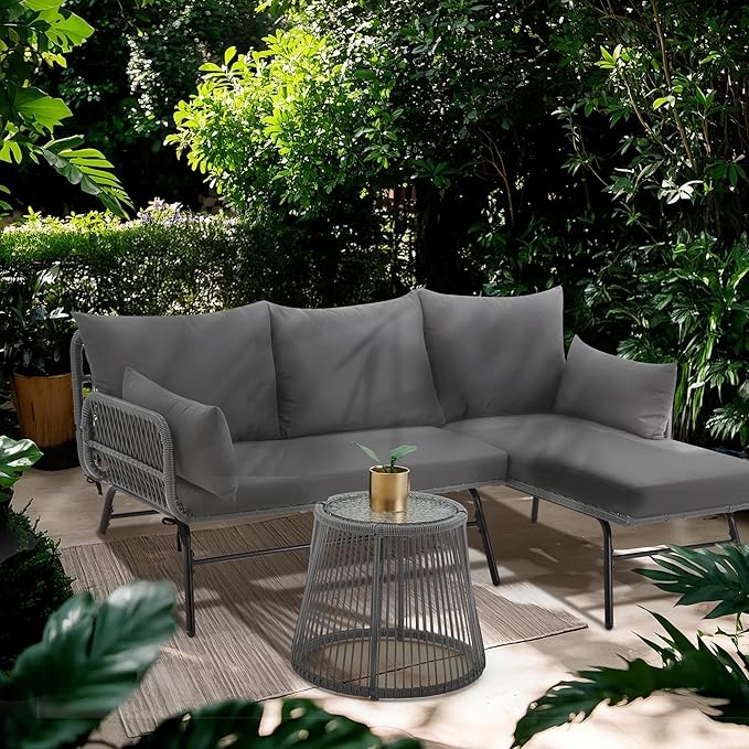 Bezseller 3-Piece Outdoor Patio Furniture Set – L-Shaped Rattan Sectional Sofa with Detachable Lounger, Glass Coffee Table & 4" Cushions – All-Weather PE Wicker for Backyard, Porch, Poolside