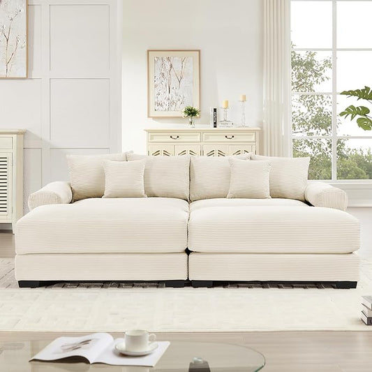 KEIKI 83" Oversized Corduroy Modular Sectional Loveseat Sofa with 2 Ottoman, High-Density Foam Cushion, Extra-Thick Armrest, Modern 2-Seater Fluffy Corner Couch with 6 Pillow, for Living Room, Beige