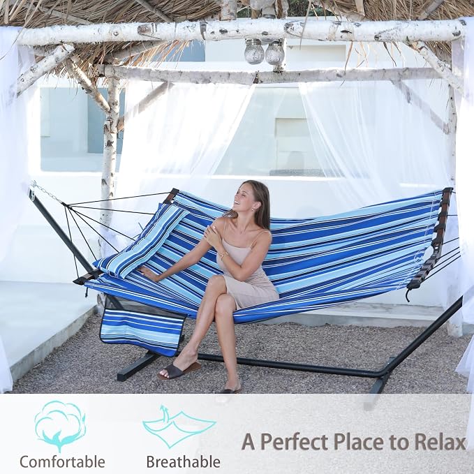 TegerDeger 12FT 2 Person Hammock Large Hammock 450LB Capacity with V Shaped Hardwood Spreader Bar & Nylon Rope for Outside, Patio, Garden, Backyard, Beach, Poolside - Blue Stripes - Image 2