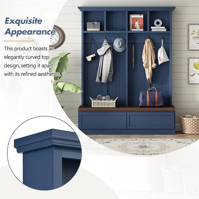 LUMISOL Farmhouse Entryway Hall Tree with Storage Bench, 4-in-1 Mudroom Shoe Cabinet with Open Compartments and 2 Large Drawers, Hallway Coat Rack with 6 Hanging Hooks, Blue - Image 3