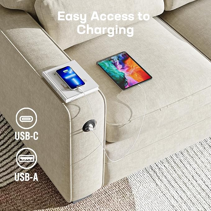 Marsail Pull Out Sofa Bed, Full Size Sleeper Sofa with Memory Foam Mattress, 2 USB Charging and Removable Covers, Loveseat for Living Room, Apartment, Supports 600 LBS, Chenille Fabric, White