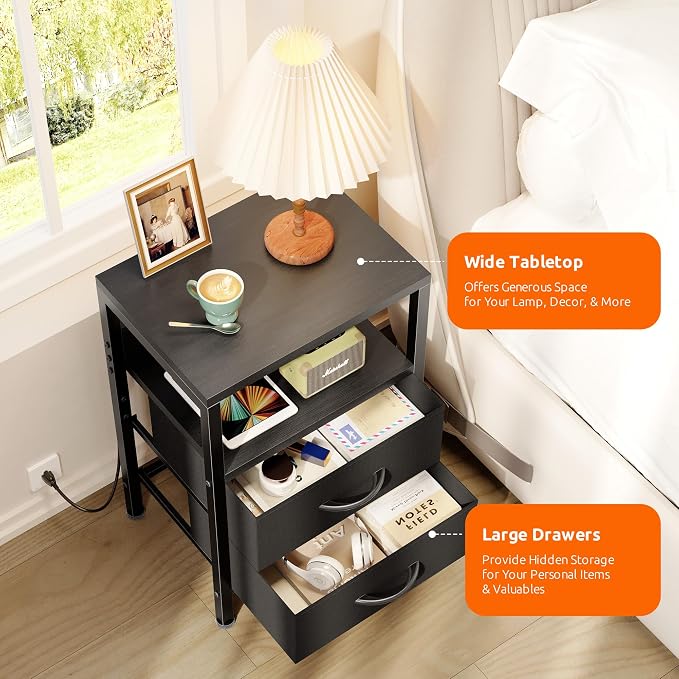 Lazzanto Nightstand Bedside Charger Table for Bedroom - Night Stand with Charging Station, Modern Nightstand with Open Shelf & 2 Fabric Drawers, Bed Side Table with USB-C Port for Dorm, Black - Image 5