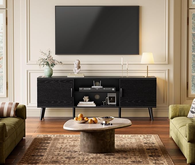 SUPERJARE TV Stand for 55 Inch TV, Entertainment Center with Adjustable Shelf, 2 Cabinets, TV Console Table, Media Console, Solid Wood Feet, Cord Holes, for Living Room, Bedroom, Black - Image 2